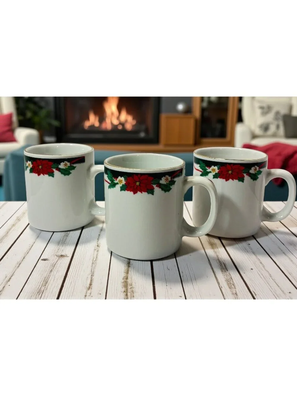 Tienshan Fine China Deck The Halls Christmas Mugs Set Of 3  Vintage 2000